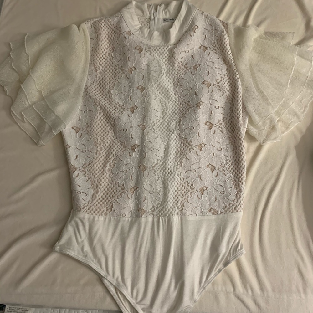 NWOT white bodysuit with lace overlay
